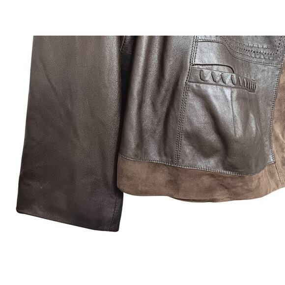 Tahari Woman 100% Leather Jacket Brown Suede Trim Open Front Pockets Boho Chic L - Picture 7 of 16